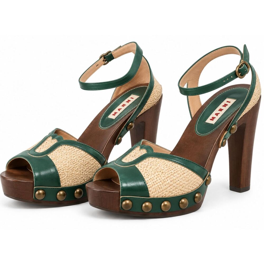 Marni Green Canvas Leather Platform Ankle Strap Sandals